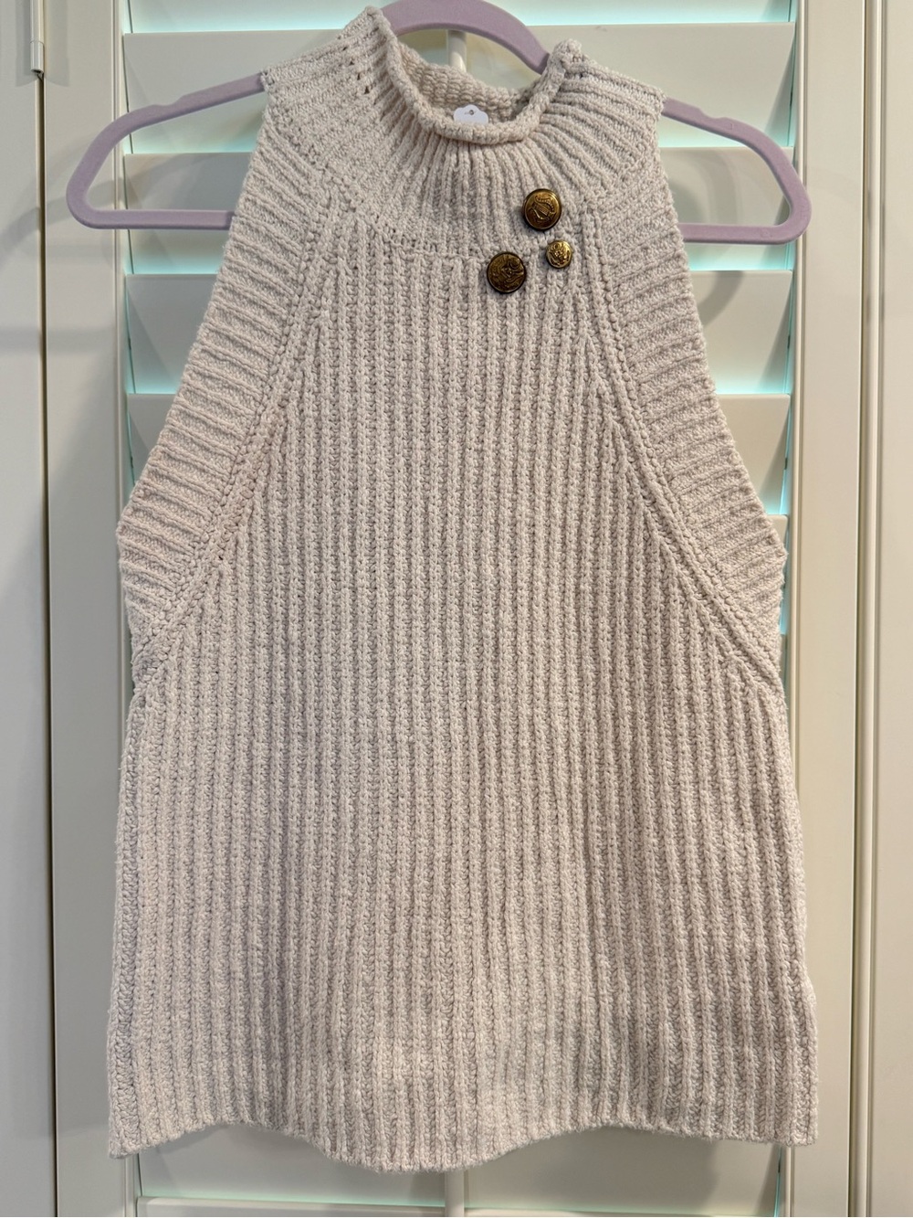 Anthropologie Cream Chunky Knit Sleeveless Tunic upcycled w/ US Military Buttons